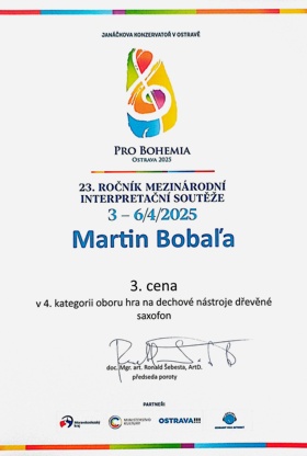 Dva studenti Katedry dechových nástrojů oceněni na soutěži Pro Bohemia
